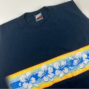 Top Heavy Mens XL Y2K VTG Navy Blue Hibiscus Floral Graphic Muscle Tee Tank Top